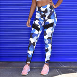 Women Blue Camouflage Sports Yoga Workout Gym Fitness Exercise Athletic Pants